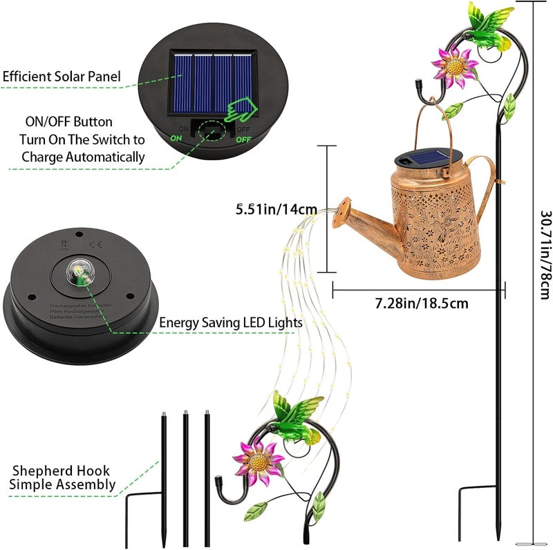 VOOKRY Solar Lights Outdoor Waterproof, Hummingbird Retro Metal Solar Watering Can Lights, Birthday Gifts for Women Mom Grandma, Hanging Lantern Decorative Garden Decor for Outside Yard Lawn Patio - Image 3